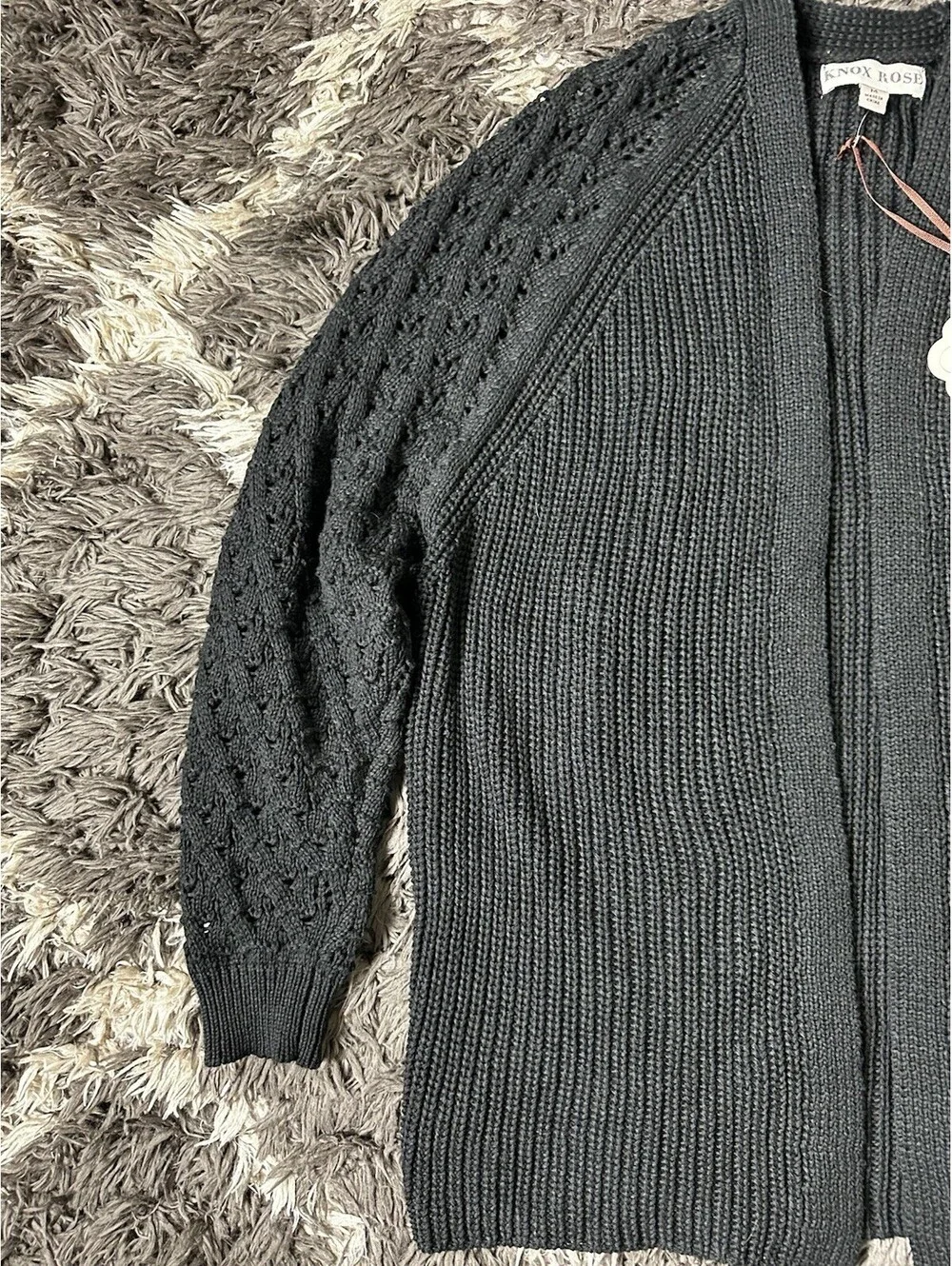 NWT Knox Rose Women's Open Front Cable Knit Cardigan Sweater Black Size M